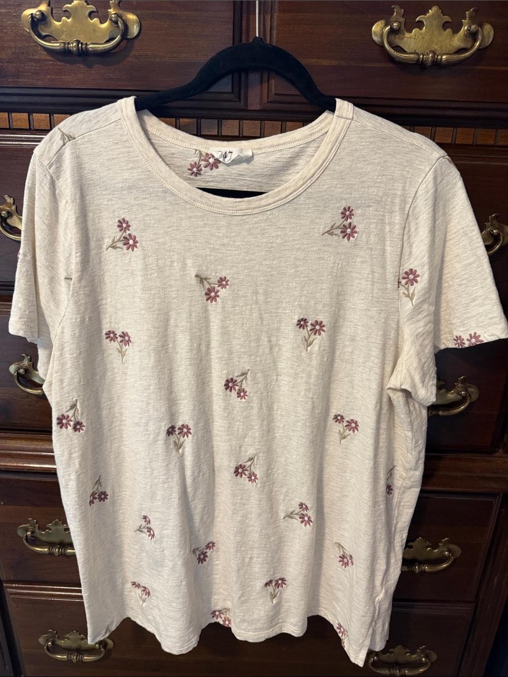 Cream Short Sleeve Tee with Pink Floral Embroidery